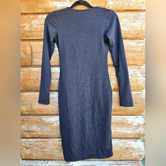 Allegrace Butter Soft Black Bodycon Midi Vneck Caged Strappy Fleece Lined Dress - Picture 2 of 6